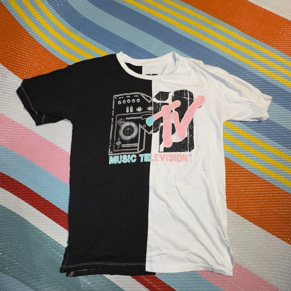MTV Spliced Black White Pink T-Shirt Women's Size Medium